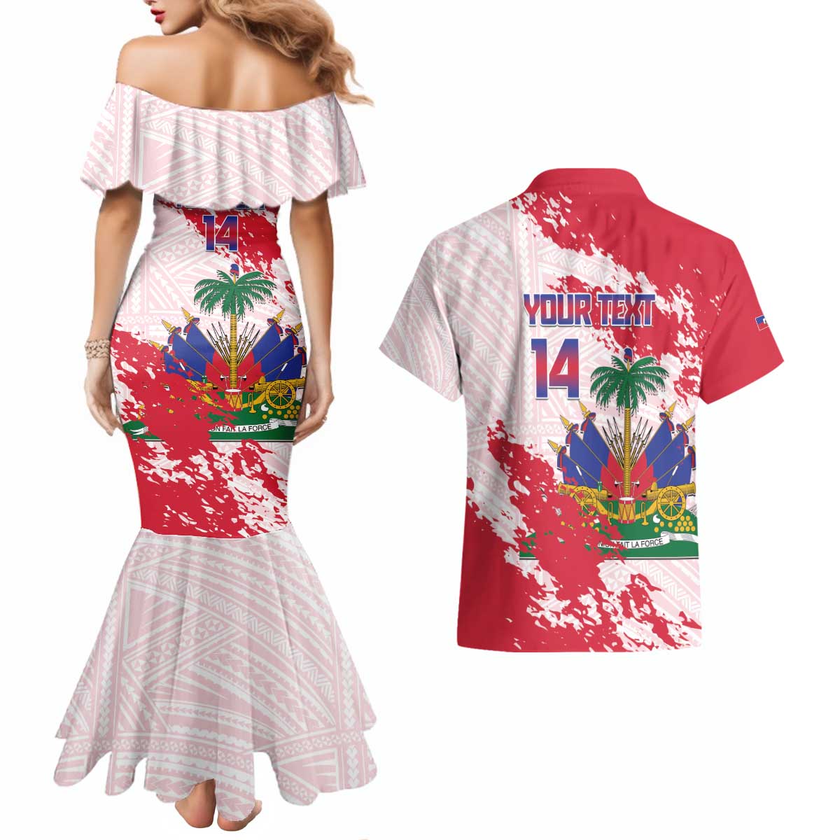 Custom Haiti Football Couples Matching Mermaid Dress and Hawaiian Shirt Les Grenadiers Red Grunge Polynesian Tattoo - Wonder Print Shop