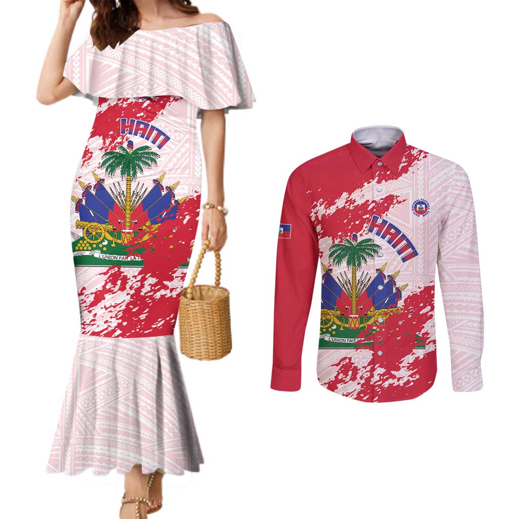 Custom Haiti Football Couples Matching Mermaid Dress and Long Sleeve Button Shirt Les Grenadiers Red Grunge Polynesian Tattoo - Wonder Print Shop