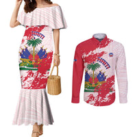 Custom Haiti Football Couples Matching Mermaid Dress and Long Sleeve Button Shirt Les Grenadiers Red Grunge Polynesian Tattoo - Wonder Print Shop