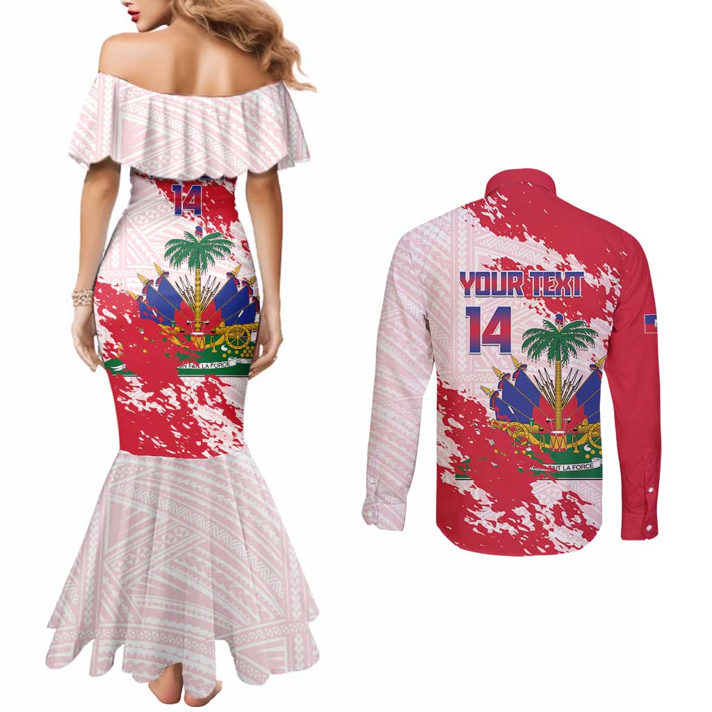 Custom Haiti Football Couples Matching Mermaid Dress and Long Sleeve Button Shirt Les Grenadiers Red Grunge Polynesian Tattoo - Wonder Print Shop