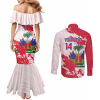 Custom Haiti Football Couples Matching Mermaid Dress and Long Sleeve Button Shirt Les Grenadiers Red Grunge Polynesian Tattoo - Wonder Print Shop
