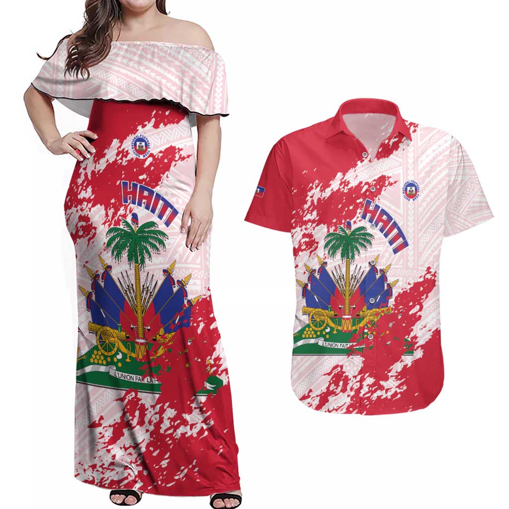 Custom Haiti Football Couples Matching Off Shoulder Maxi Dress and Hawaiian Shirt Les Grenadiers Red Grunge Polynesian Tattoo - Wonder Print Shop