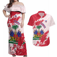 Custom Haiti Football Couples Matching Off Shoulder Maxi Dress and Hawaiian Shirt Les Grenadiers Red Grunge Polynesian Tattoo - Wonder Print Shop