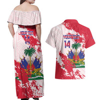 Custom Haiti Football Couples Matching Off Shoulder Maxi Dress and Hawaiian Shirt Les Grenadiers Red Grunge Polynesian Tattoo - Wonder Print Shop