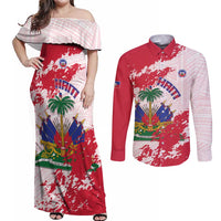 Custom Haiti Football Couples Matching Off Shoulder Maxi Dress and Long Sleeve Button Shirt Les Grenadiers Red Grunge Polynesian Tattoo - Wonder Print Shop