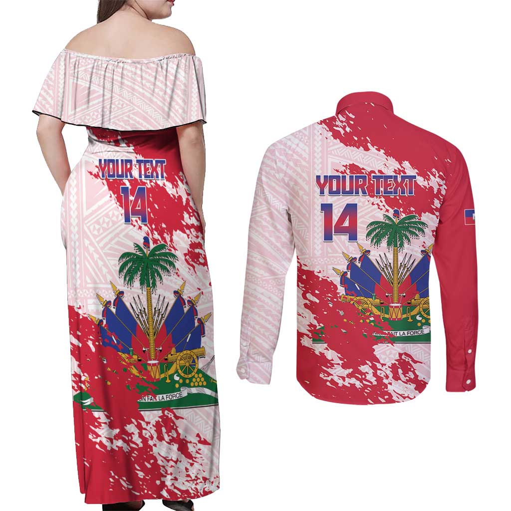 Custom Haiti Football Couples Matching Off Shoulder Maxi Dress and Long Sleeve Button Shirt Les Grenadiers Red Grunge Polynesian Tattoo - Wonder Print Shop