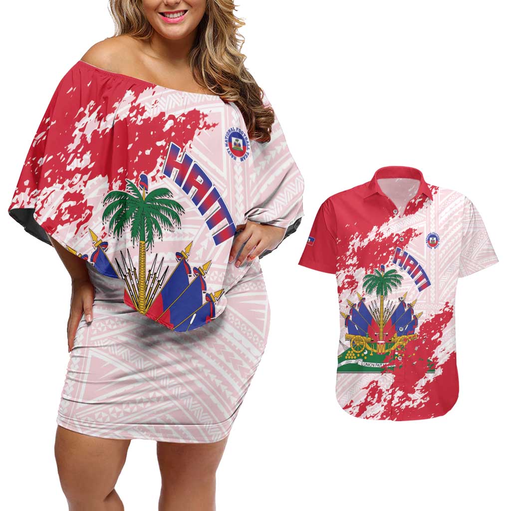 Custom Haiti Football Couples Matching Off Shoulder Short Dress and Hawaiian Shirt Les Grenadiers Red Grunge Polynesian Tattoo - Wonder Print Shop