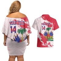 Custom Haiti Football Couples Matching Off Shoulder Short Dress and Hawaiian Shirt Les Grenadiers Red Grunge Polynesian Tattoo - Wonder Print Shop
