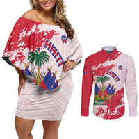 Custom Haiti Football Couples Matching Off Shoulder Short Dress and Long Sleeve Button Shirt Les Grenadiers Red Grunge Polynesian Tattoo - Wonder Print Shop