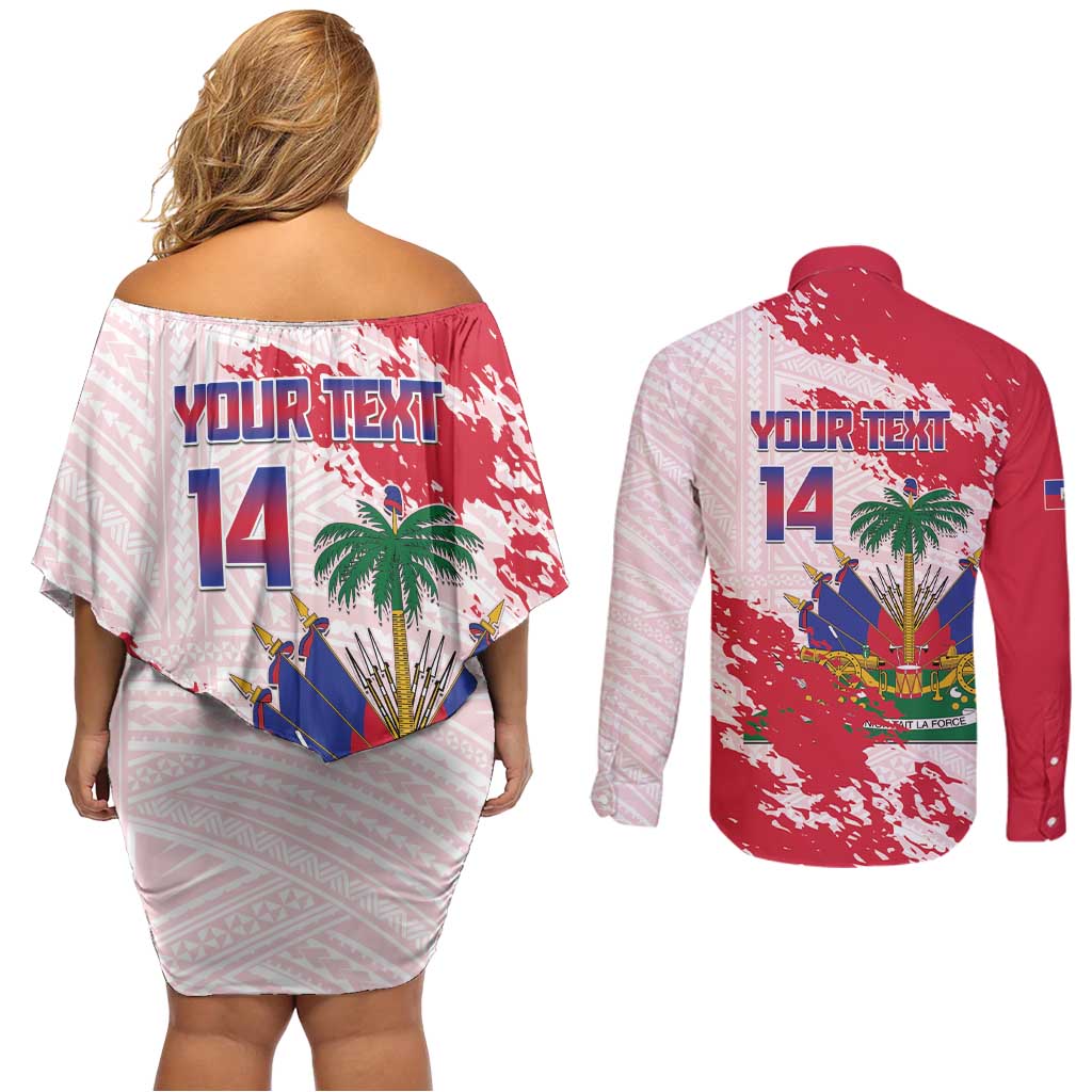 Custom Haiti Football Couples Matching Off Shoulder Short Dress and Long Sleeve Button Shirt Les Grenadiers Red Grunge Polynesian Tattoo - Wonder Print Shop