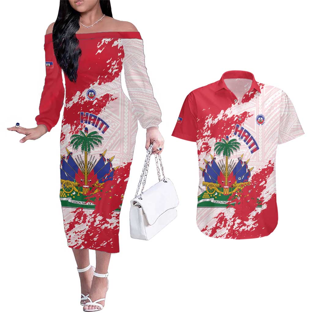 Custom Haiti Football Couples Matching Off The Shoulder Long Sleeve Dress and Hawaiian Shirt Les Grenadiers Red Grunge Polynesian Tattoo - Wonder Print Shop