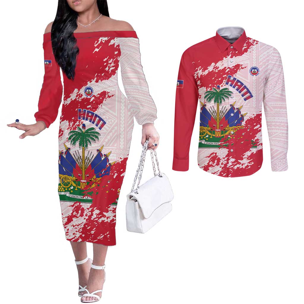 Custom Haiti Football Couples Matching Off The Shoulder Long Sleeve Dress and Long Sleeve Button Shirt Les Grenadiers Red Grunge Polynesian Tattoo - Wonder Print Shop