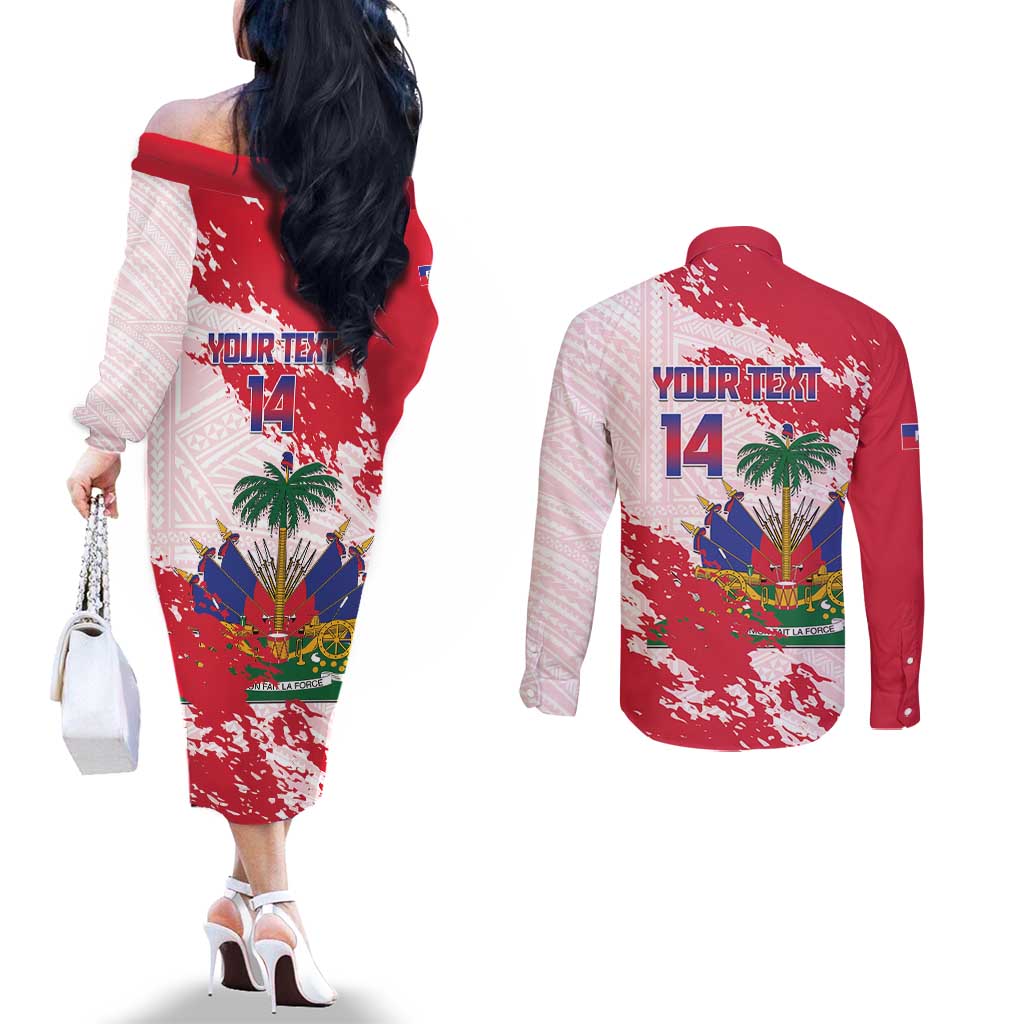 Custom Haiti Football Couples Matching Off The Shoulder Long Sleeve Dress and Long Sleeve Button Shirt Les Grenadiers Red Grunge Polynesian Tattoo - Wonder Print Shop