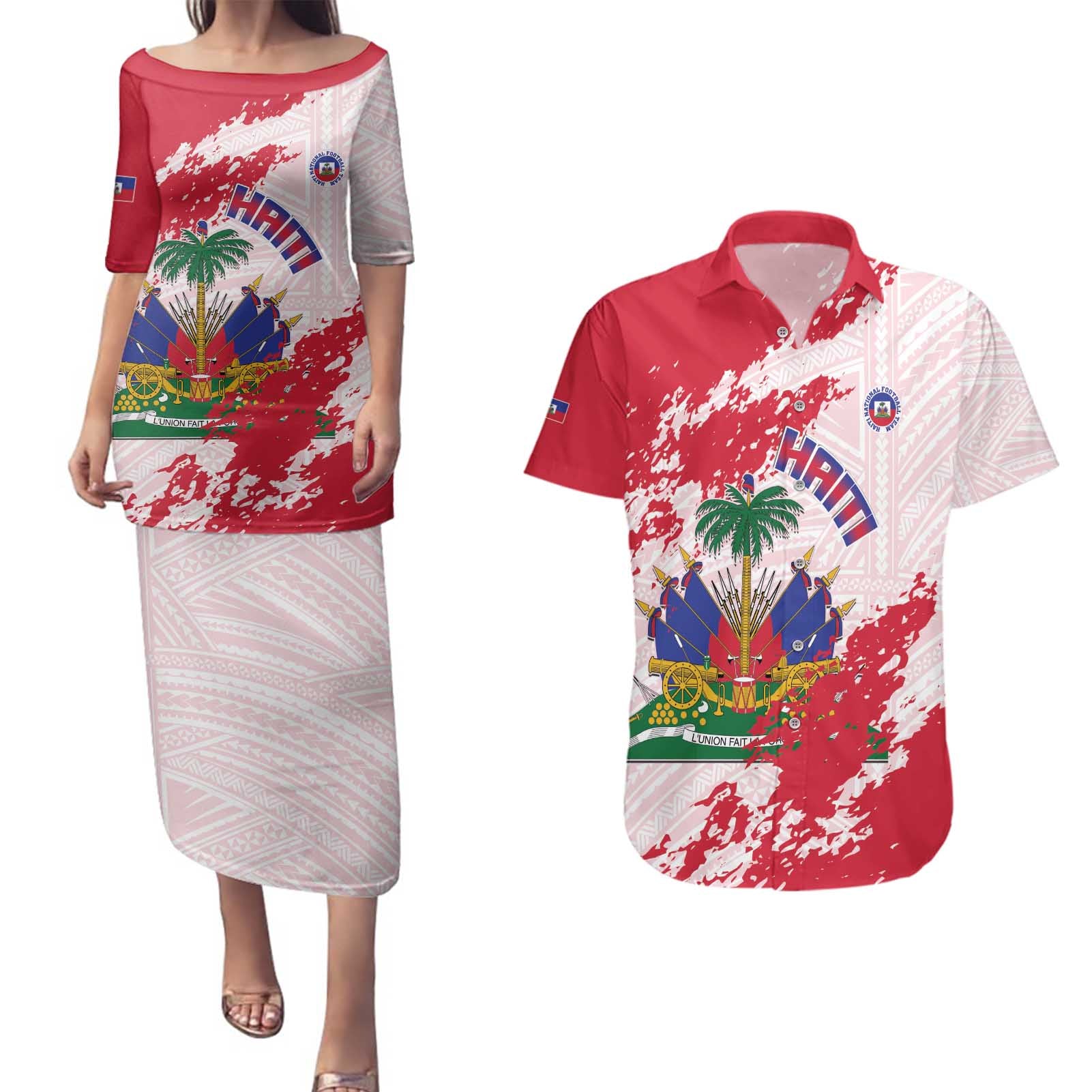 Custom Haiti Football Couples Matching Puletasi and Hawaiian Shirt Les Grenadiers Red Grunge Polynesian Tattoo - Wonder Print Shop