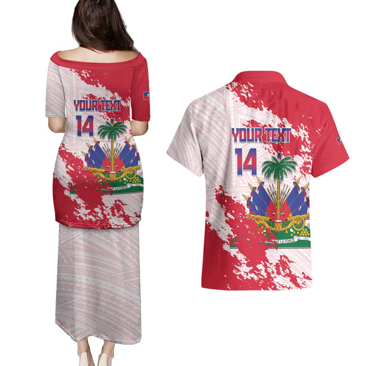 Custom Haiti Football Couples Matching Puletasi and Hawaiian Shirt Les Grenadiers Red Grunge Polynesian Tattoo - Wonder Print Shop