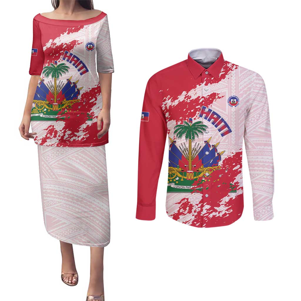 Custom Haiti Football Couples Matching Puletasi and Long Sleeve Button Shirt Les Grenadiers Red Grunge Polynesian Tattoo - Wonder Print Shop