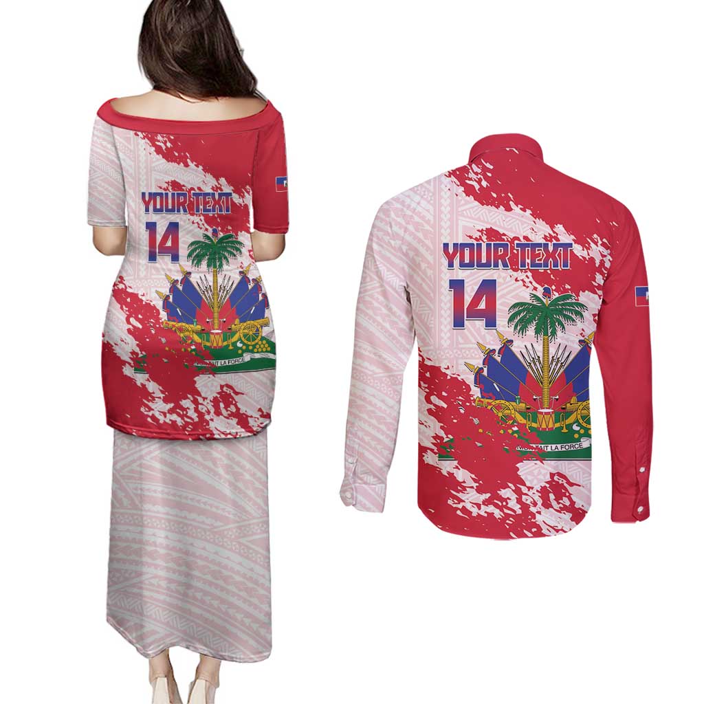 Custom Haiti Football Couples Matching Puletasi and Long Sleeve Button Shirt Les Grenadiers Red Grunge Polynesian Tattoo - Wonder Print Shop
