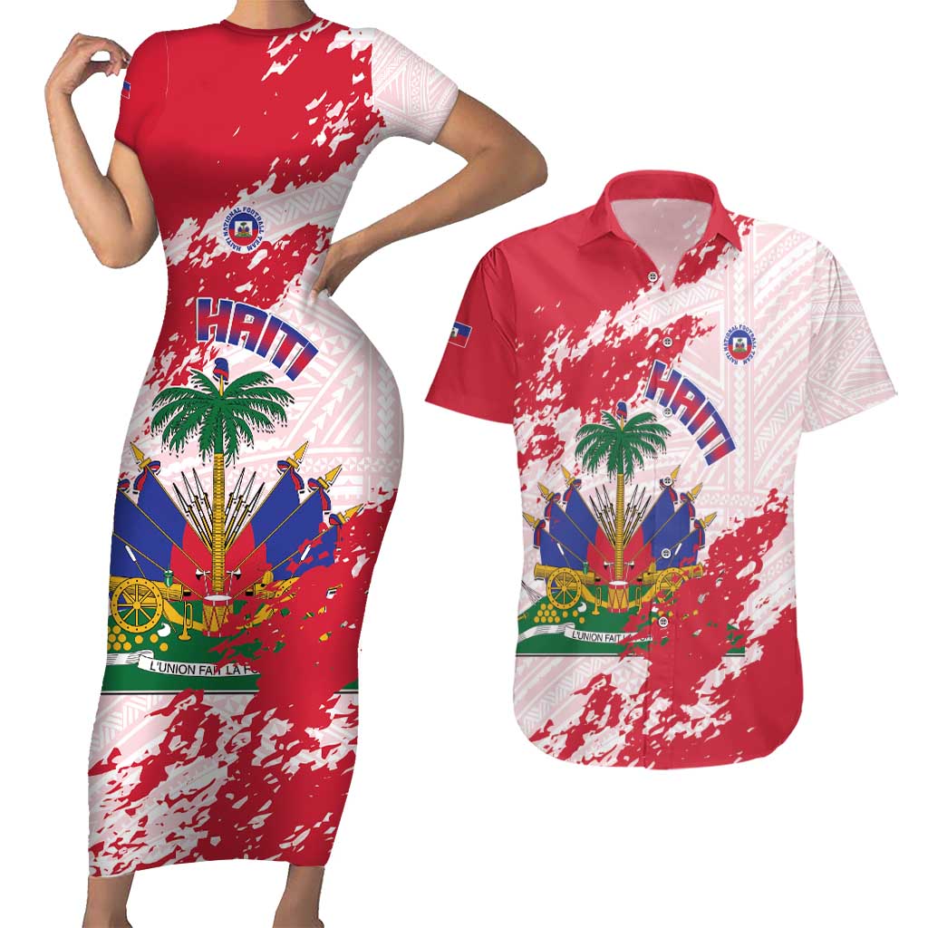 Custom Haiti Football Couples Matching Short Sleeve Bodycon Dress and Hawaiian Shirt Les Grenadiers Red Grunge Polynesian Tattoo - Wonder Print Shop