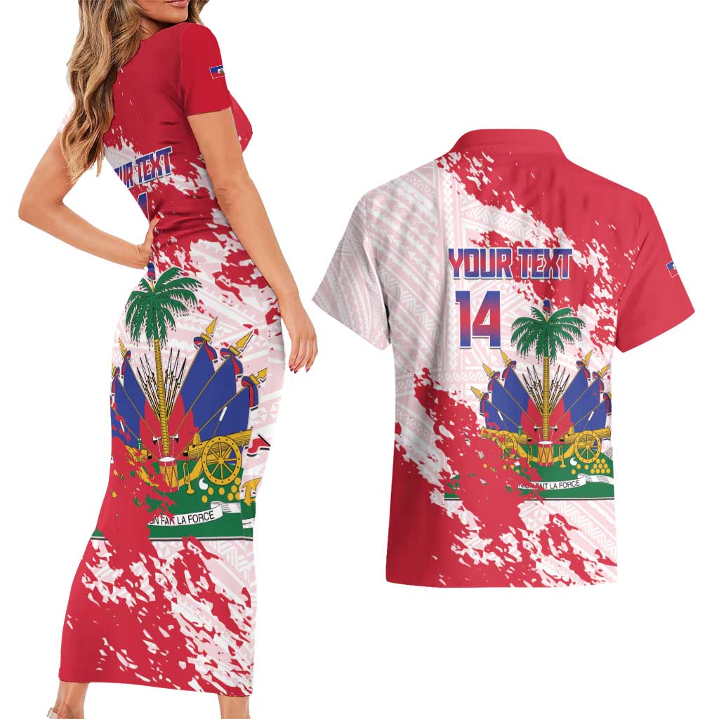 Custom Haiti Football Couples Matching Short Sleeve Bodycon Dress and Hawaiian Shirt Les Grenadiers Red Grunge Polynesian Tattoo - Wonder Print Shop