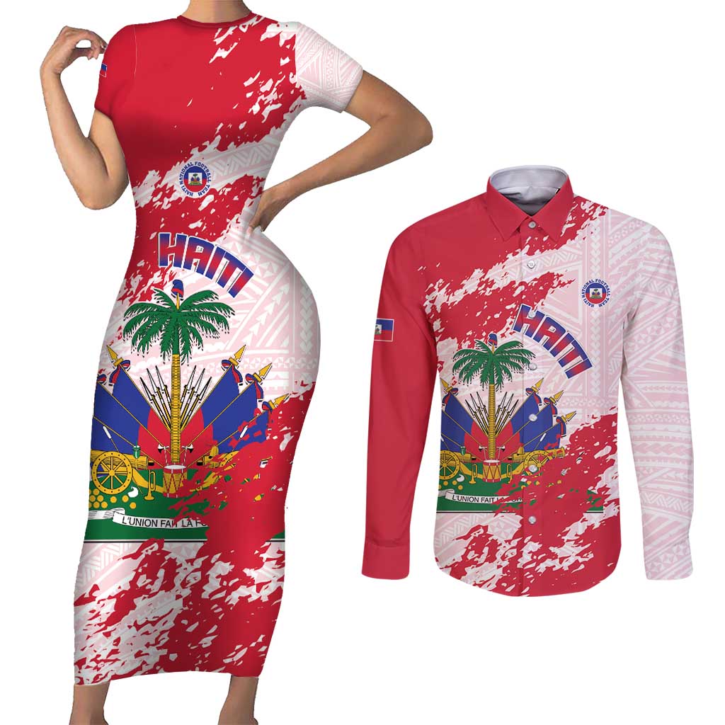 Custom Haiti Football Couples Matching Short Sleeve Bodycon Dress and Long Sleeve Button Shirt Les Grenadiers Red Grunge Polynesian Tattoo - Wonder Print Shop