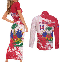 Custom Haiti Football Couples Matching Short Sleeve Bodycon Dress and Long Sleeve Button Shirt Les Grenadiers Red Grunge Polynesian Tattoo - Wonder Print Shop
