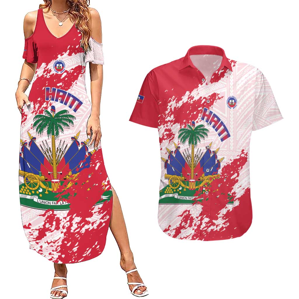 Custom Haiti Football Couples Matching Summer Maxi Dress and Hawaiian Shirt Les Grenadiers Red Grunge Polynesian Tattoo - Wonder Print Shop