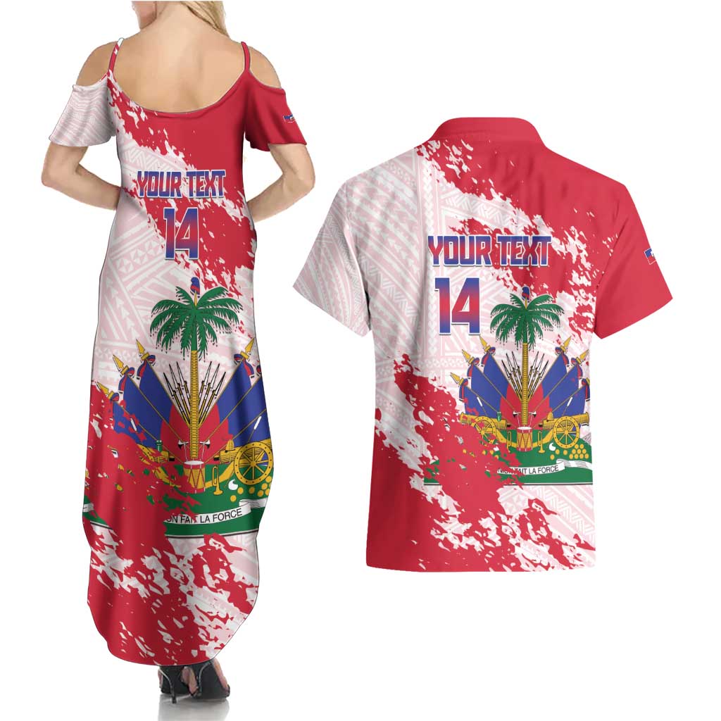 Custom Haiti Football Couples Matching Summer Maxi Dress and Hawaiian Shirt Les Grenadiers Red Grunge Polynesian Tattoo - Wonder Print Shop