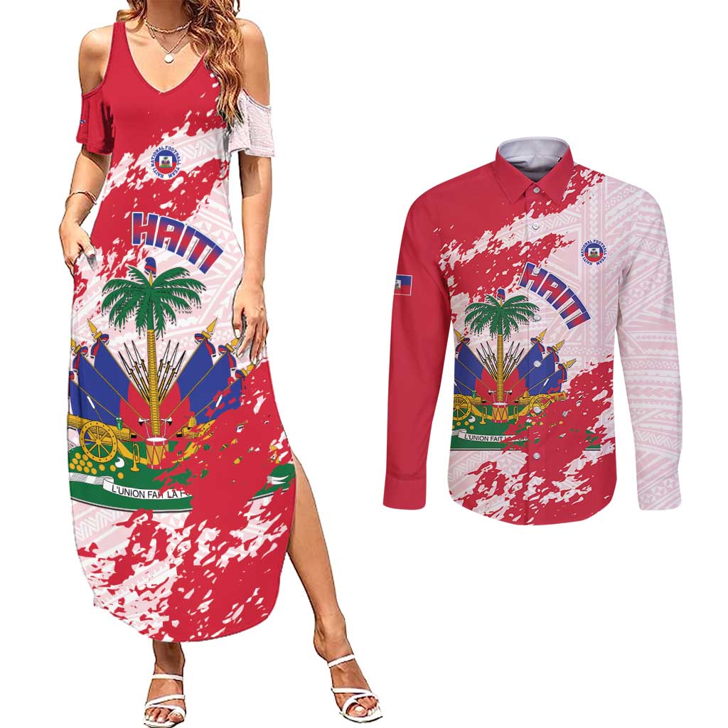 Custom Haiti Football Couples Matching Summer Maxi Dress and Long Sleeve Button Shirt Les Grenadiers Red Grunge Polynesian Tattoo - Wonder Print Shop