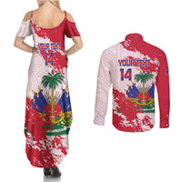 Custom Haiti Football Couples Matching Summer Maxi Dress and Long Sleeve Button Shirt Les Grenadiers Red Grunge Polynesian Tattoo - Wonder Print Shop