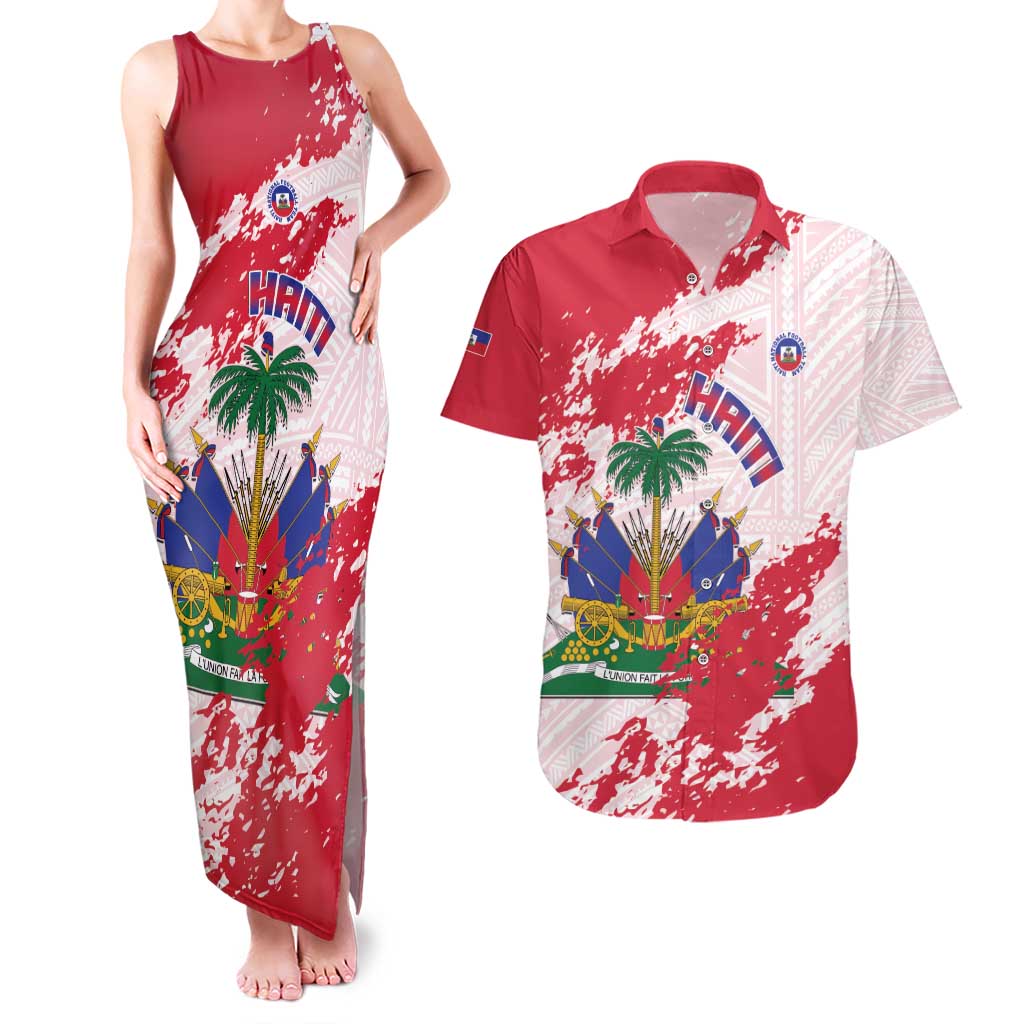 Custom Haiti Football Couples Matching Tank Maxi Dress and Hawaiian Shirt Les Grenadiers Red Grunge Polynesian Tattoo - Wonder Print Shop