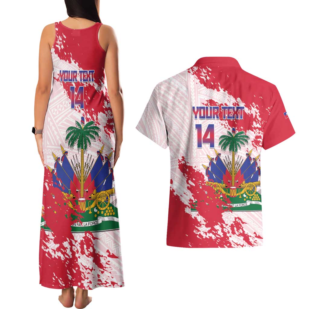 Custom Haiti Football Couples Matching Tank Maxi Dress and Hawaiian Shirt Les Grenadiers Red Grunge Polynesian Tattoo - Wonder Print Shop