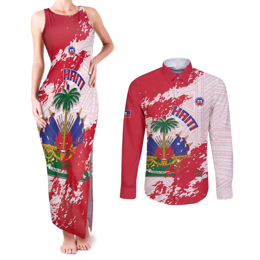Custom Haiti Football Couples Matching Tank Maxi Dress and Long Sleeve Button Shirt Les Grenadiers Red Grunge Polynesian Tattoo - Wonder Print Shop