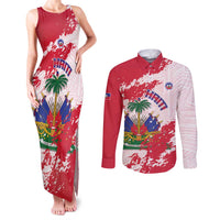 Custom Haiti Football Couples Matching Tank Maxi Dress and Long Sleeve Button Shirt Les Grenadiers Red Grunge Polynesian Tattoo - Wonder Print Shop