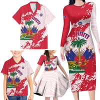 Custom Haiti Football Family Matching Long Sleeve Bodycon Dress and Hawaiian Shirt Les Grenadiers Red Grunge Polynesian Tattoo - Wonder Print Shop