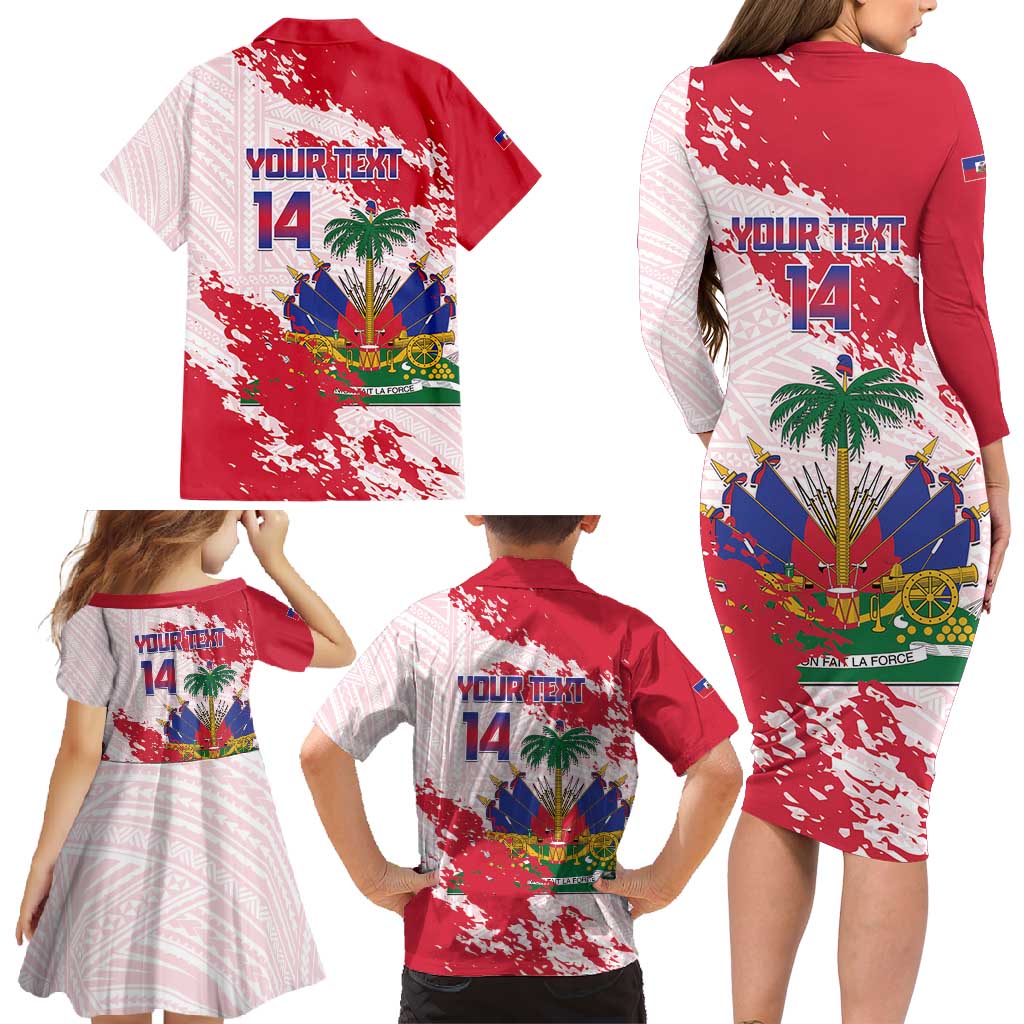 Custom Haiti Football Family Matching Long Sleeve Bodycon Dress and Hawaiian Shirt Les Grenadiers Red Grunge Polynesian Tattoo - Wonder Print Shop