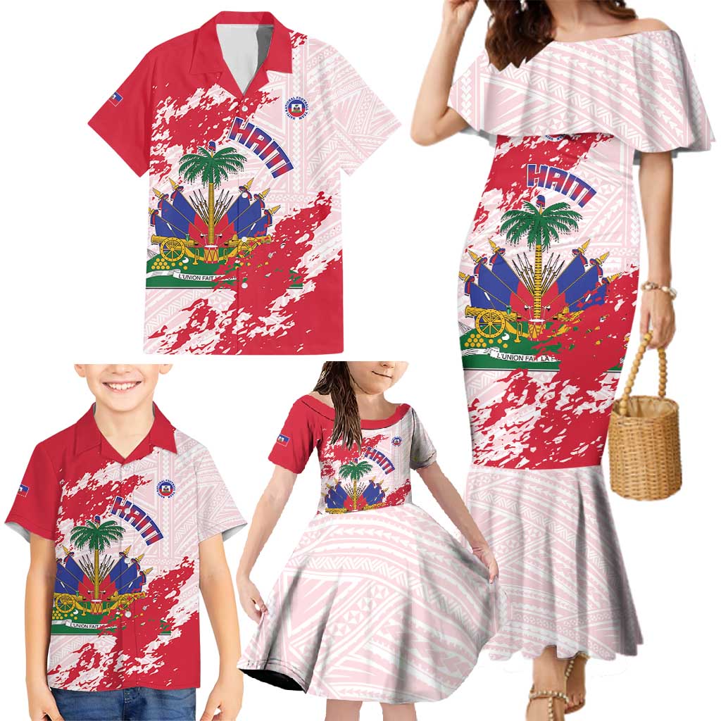 Custom Haiti Football Family Matching Mermaid Dress and Hawaiian Shirt Les Grenadiers Red Grunge Polynesian Tattoo - Wonder Print Shop