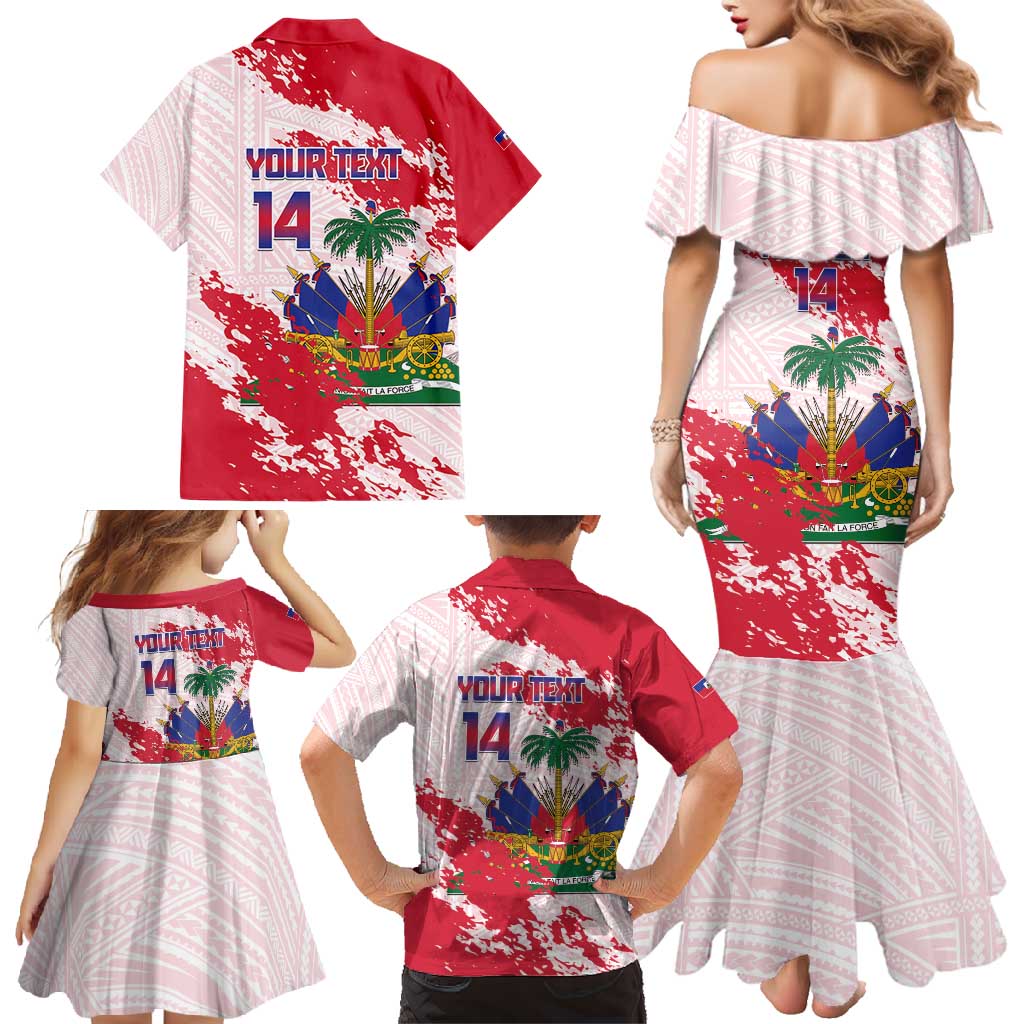 Custom Haiti Football Family Matching Mermaid Dress and Hawaiian Shirt Les Grenadiers Red Grunge Polynesian Tattoo - Wonder Print Shop