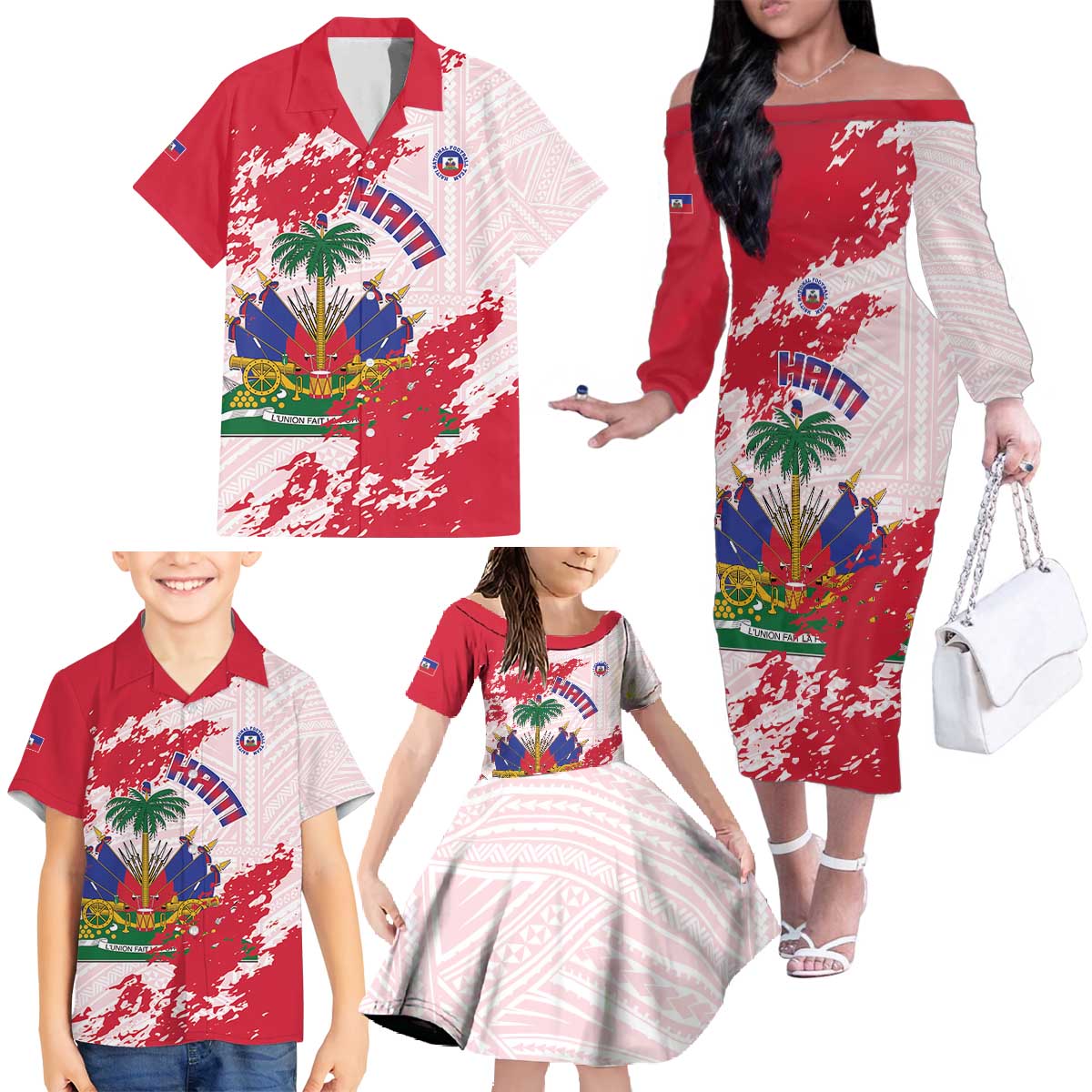 Custom Haiti Football Family Matching Off The Shoulder Long Sleeve Dress and Hawaiian Shirt Les Grenadiers Red Grunge Polynesian Tattoo - Wonder Print Shop