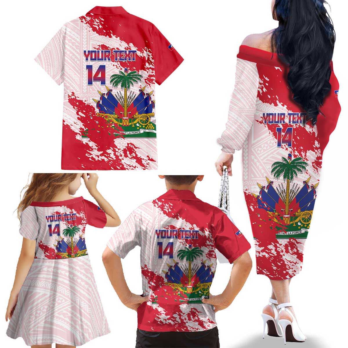Custom Haiti Football Family Matching Off The Shoulder Long Sleeve Dress and Hawaiian Shirt Les Grenadiers Red Grunge Polynesian Tattoo - Wonder Print Shop