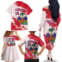 Custom Haiti Football Family Matching Off The Shoulder Long Sleeve Dress and Hawaiian Shirt Les Grenadiers Red Grunge Polynesian Tattoo - Wonder Print Shop