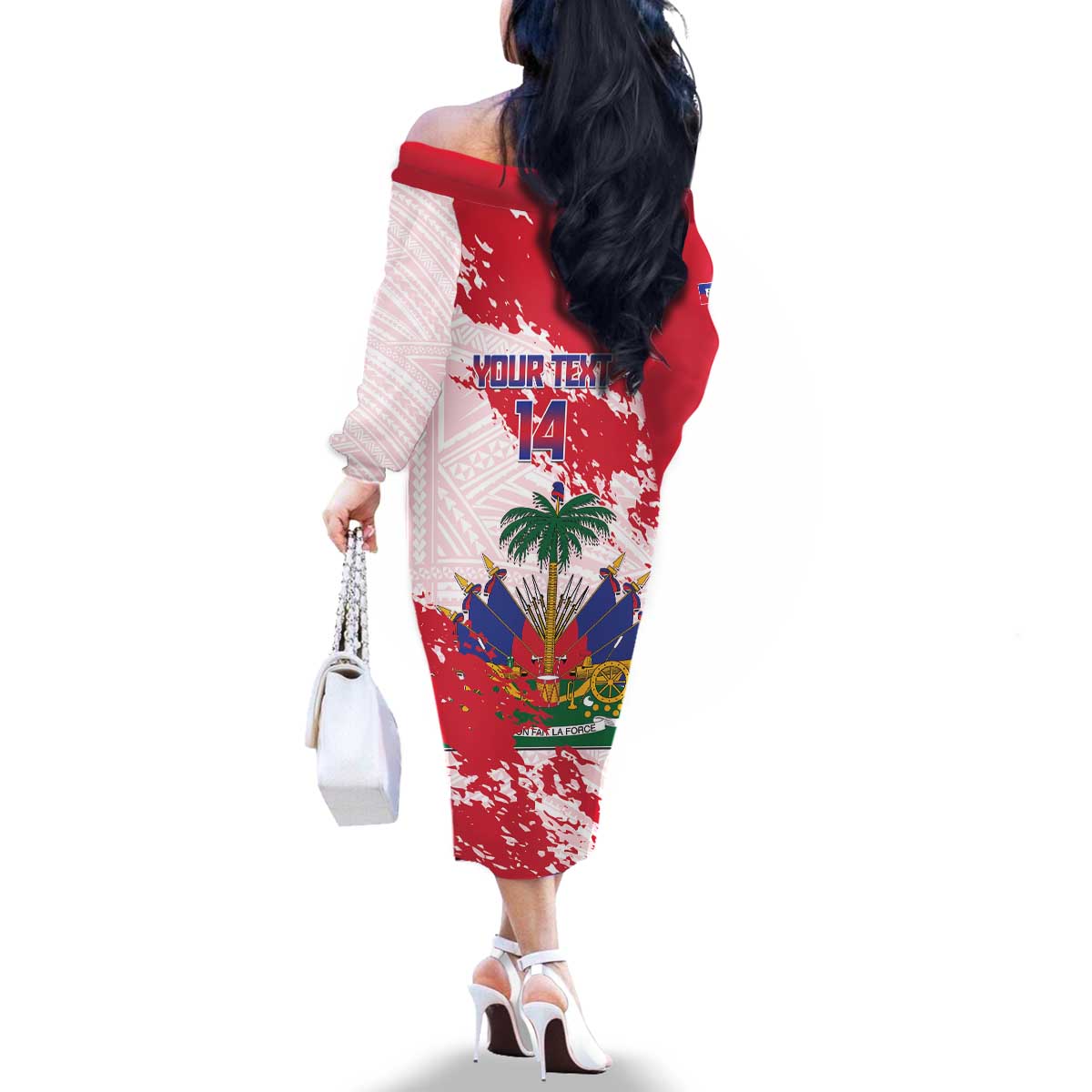 Custom Haiti Football Family Matching Off The Shoulder Long Sleeve Dress and Hawaiian Shirt Les Grenadiers Red Grunge Polynesian Tattoo - Wonder Print Shop