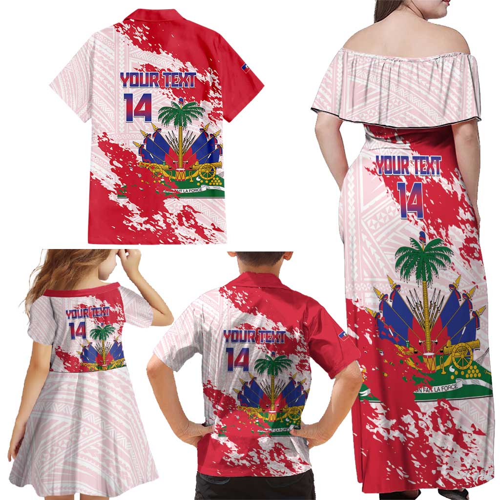 Custom Haiti Football Family Matching Off Shoulder Maxi Dress and Hawaiian Shirt Les Grenadiers Red Grunge Polynesian Tattoo - Wonder Print Shop