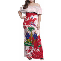 Custom Haiti Football Family Matching Off Shoulder Maxi Dress and Hawaiian Shirt Les Grenadiers Red Grunge Polynesian Tattoo - Wonder Print Shop