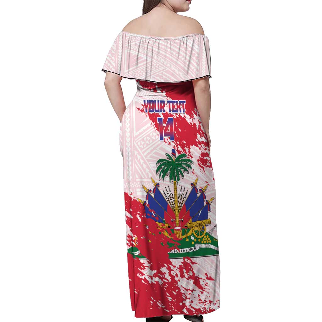 Custom Haiti Football Family Matching Off Shoulder Maxi Dress and Hawaiian Shirt Les Grenadiers Red Grunge Polynesian Tattoo - Wonder Print Shop