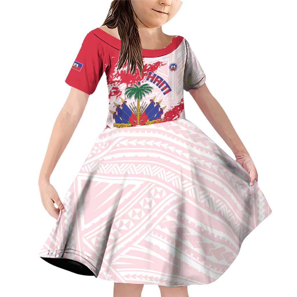 Custom Haiti Football Family Matching Off Shoulder Short Dress and Hawaiian Shirt Les Grenadiers Red Grunge Polynesian Tattoo - Wonder Print Shop