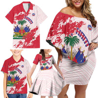 Custom Haiti Football Family Matching Off Shoulder Short Dress and Hawaiian Shirt Les Grenadiers Red Grunge Polynesian Tattoo - Wonder Print Shop