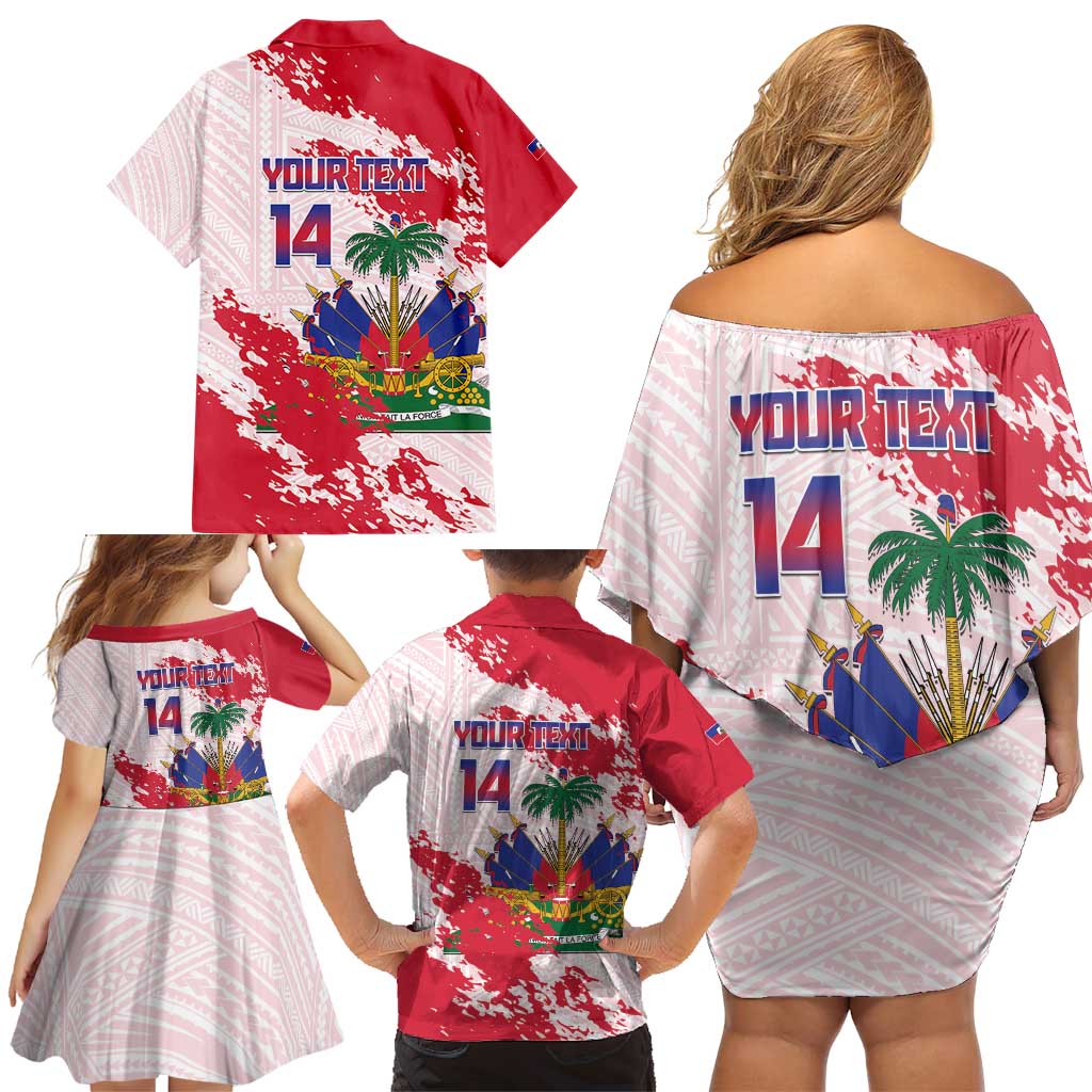 Custom Haiti Football Family Matching Off Shoulder Short Dress and Hawaiian Shirt Les Grenadiers Red Grunge Polynesian Tattoo - Wonder Print Shop
