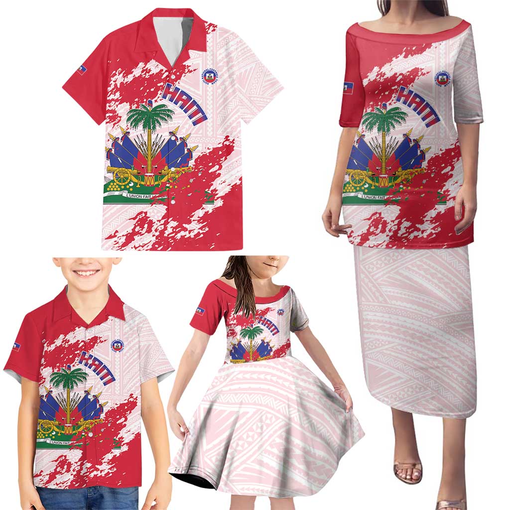 Custom Haiti Football Family Matching Puletasi and Hawaiian Shirt Les Grenadiers Red Grunge Polynesian Tattoo - Wonder Print Shop