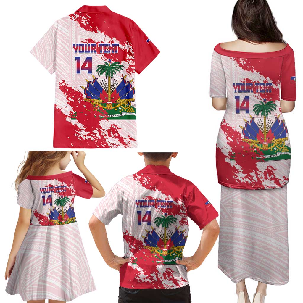 Custom Haiti Football Family Matching Puletasi and Hawaiian Shirt Les Grenadiers Red Grunge Polynesian Tattoo - Wonder Print Shop