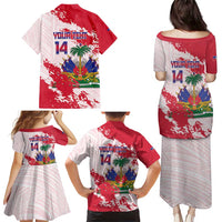 Custom Haiti Football Family Matching Puletasi and Hawaiian Shirt Les Grenadiers Red Grunge Polynesian Tattoo - Wonder Print Shop